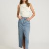 Women’s Maxi Denim Skirt – High Waisted Stretch Jean Skirt with Front Slit – Medium Wash