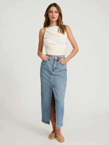 Women’s Maxi Denim Skirt – High Waisted Stretch Jean Skirt with Front Slit – Medium Wash