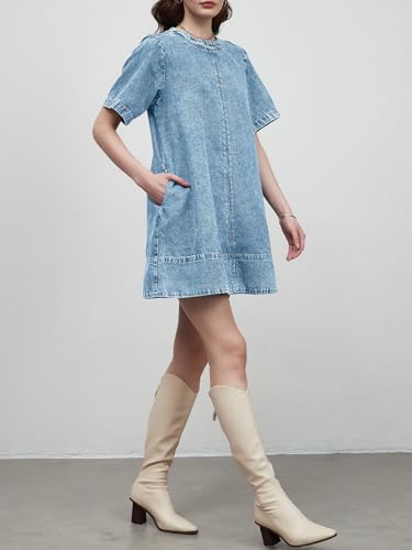Denim Dress for Women Summer Casual Short Sleeve Chambray Mini Jean Dresses with Pockets