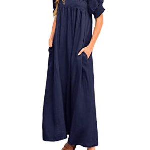 Women 2025 Summer Maxi Dress Casual Loose Puff Sleeve Square Neck Maternity Flowy Long Beach Dresses with Pockets