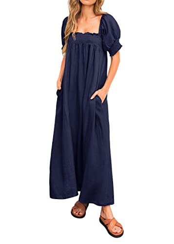 311dkcSA7L.jpg Women 2025 Summer Maxi Dress Casual Loose Puff Sleeve Square Neck Maternity Flowy Long Beach Dresses with Pockets
