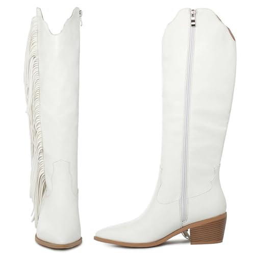 Cowgirl Fringe Boots For Women White Tassels Cowboy Boots Knee High Pointed Toe Western Boots