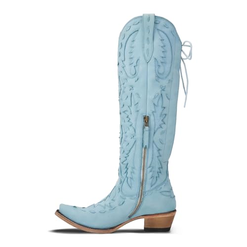 Knee High Cowboy Boots for Women Pointed Toe Side Zipper Cowgirl Boots Women's Back Lace up Chunky Heel Western shoes
