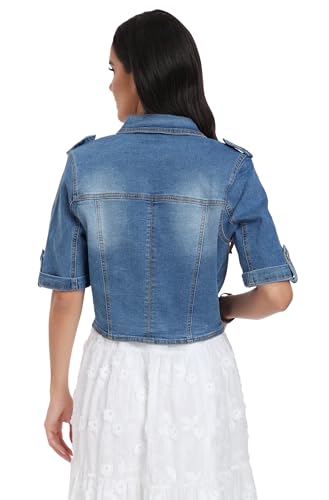Women's Short Sleeve Stretch Denim Jacket Retro Casual Button Down Cropped Trucker Jean Jackets