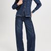 Women's Denim Shirt Long Sleeve Button Down Collarless V-Neck Slim Fit Jean Jacket Denim Top