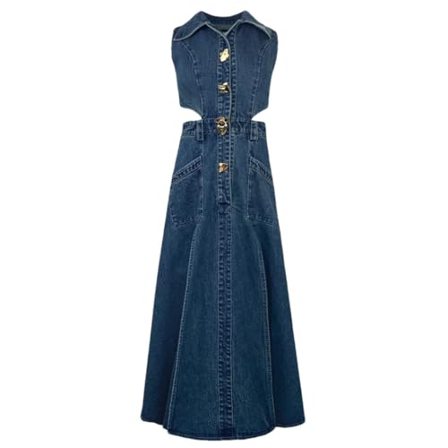 Women Elegant One-Piece with Slit Cut-Out Blue Jean Sundress Sleeveless Denim Dress