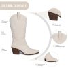 Womens Cowboy Boots Embroidered Western Cowgirl Mid Calf Boots with Block Chunky Heel Comfortable Retro Pull On Pointed Toe Wide