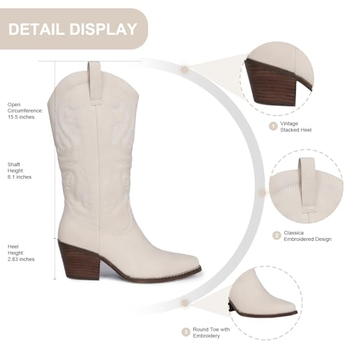 Womens Cowboy Boots Embroidered Western Cowgirl Mid Calf Boots with Block Chunky Heel Comfortable Retro Pull On Pointed Toe Wide