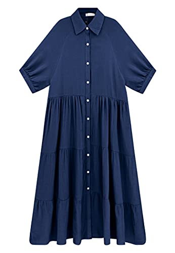 Women's Summer Cotton Half Sleeves Button Down Casual Loose Slit Midi Dress with Pockets
