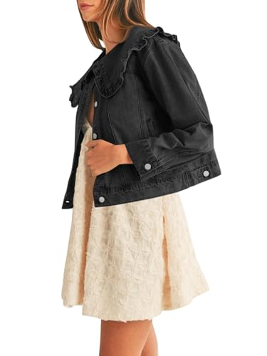 Takaneo Womens Denim Jacket Peter Pan Collar Cute Cropped Long Sleeve Shirts Jean Coat with Pockets