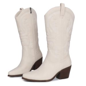 Womens Cowboy Boots Embroidered Western Cowgirl Mid Calf Boots with Block Chunky Heel Comfortable Retro Pull On Pointed Toe Wide