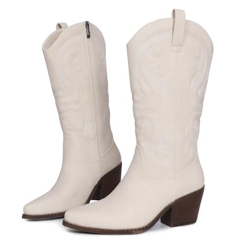 Womens Cowboy Boots Embroidered Western Cowgirl Mid Calf Boots with Block Chunky Heel Comfortable Retro Pull On Pointed Toe Wide