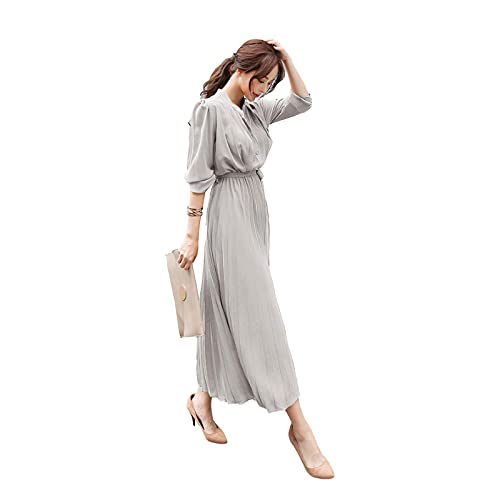 Womens Pleated Long Sleeve Loose Dress Casual Maxi Dresses with Tie Waist