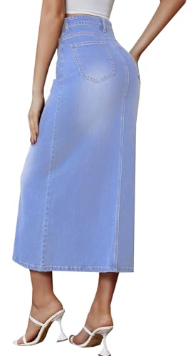 Women's Vintage Denim Long Skirt A-Line High Waisted Front Slit Casual Maxi Jean Skirt