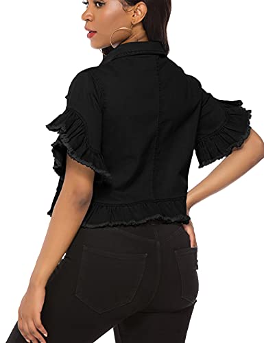 Women's Denim Jacket Button Down Distressed Ruffle Sleeve Crop Jean Jackets Coat
