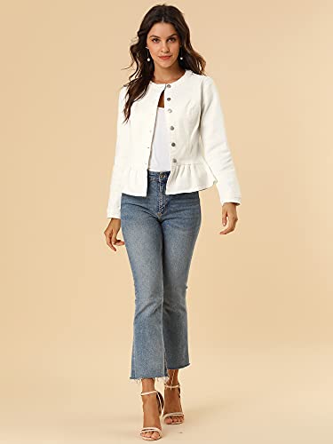Women's Peplum Denim Jackets Collarless Round Neck Button Down Cropped Ruffle Hem Jacket
