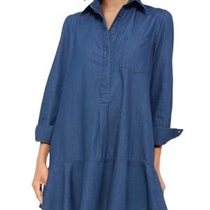 Women's Long Sleeve Denim Shirt Dress 2025 Button Down Ruffle Flowy Collared Mini Jeans Dress