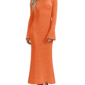 Womens Bell Long Sleeve Maxi Dress Casual Crewneck Knit Slim Fit Flowy Sweater Dresses