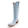 Women Cowboy Boots Faux Suede Embroidered Pointed Thick Heeled Western Wide Calf Cowgirl Ponited Toe Mid Calf Boots