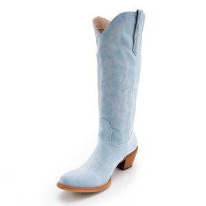 Women Cowboy Boots Faux Suede Embroidered Pointed Thick Heeled Western Wide Calf Cowgirl Ponited Toe Mid Calf Boots