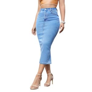 Women's Long Jean Skirts Stretch Denim Midi Skirts with Back Slit Bodycon Mid Waisted A Line Dress with Pockets