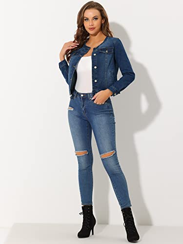 Women's Denim Jacket Collarless Round Neck Button Down Long Sleeve Jean Jackets