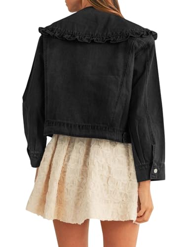 Takaneo Womens Denim Jacket Peter Pan Collar Cute Cropped Long Sleeve Shirts Jean Coat with Pockets