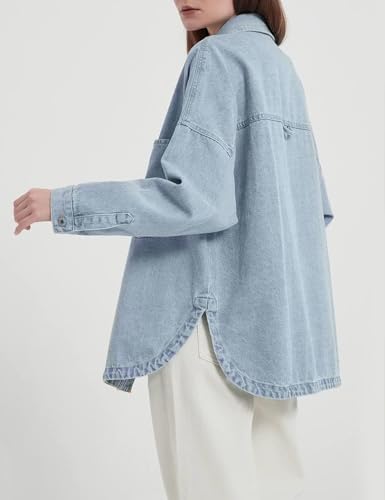 31dC5R46AXL.jpg Womens Denim Shirt Long Sleeve Oversized Boyfriend Jean Jacket Shacket Trendy Button Down Shirt