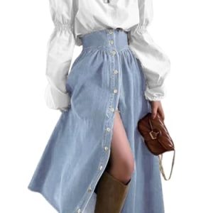 Women's High Waist Long Denim Skirt Button Down Swing A-Line Jean Maxi Skirt with Pockets