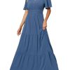 Women's Summer Boho Maxi Dresses Casual V Neck Short Sleeve A-line Empire Waist Long Flowy Beach Dress