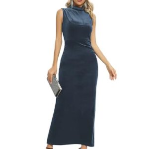 Women Backless Velvet Maxi Dress Back Slit Ruched Bodycon Formal Dress High Neck Cocktail Party Dress 091