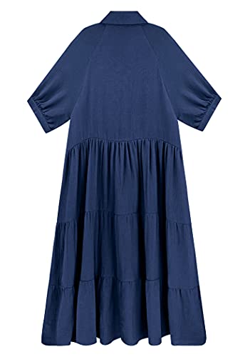 Women's Summer Cotton Half Sleeves Button Down Casual Loose Slit Midi Dress with Pockets