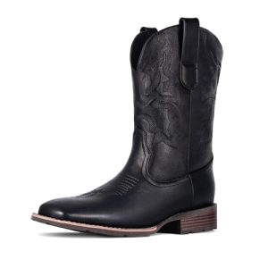 Cowboy Boots for Men - Men's Western Boots with Embroidery, Slip Resistant Square Toe Chunky Heel, Durable and Fashionable Retro