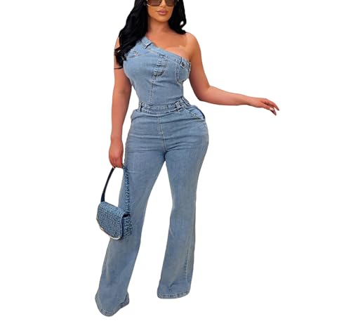 Women Trendy Asymmetric One Piece Bodycon Denim Romper Sexy Slim Jean Jumpsuit Oversize Fascinating Stretch Pants