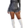 Denim Outfits for Women 2 Piece Casual Long Sleeve Zip Up Cropped Jacket Skinny Jean Shorts Set with Belt