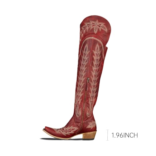 Over the Knee Cowboy Boots for Women Embroidery Cowgirl Boots Chunky Heel Side Zipper Boots Thigh High Western Boots