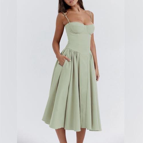 Women’s Corset Dress Sexy Spaghetti Strap Bustier Midi Dress Low Cut Flowy Pleated Hem Formal Dresses with Pockets