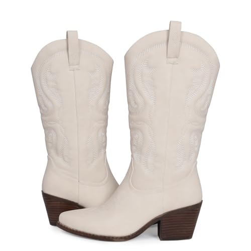 Womens Cowboy Boots Embroidered Western Cowgirl Mid Calf Boots with Block Chunky Heel Comfortable Retro Pull On Pointed Toe Wide
