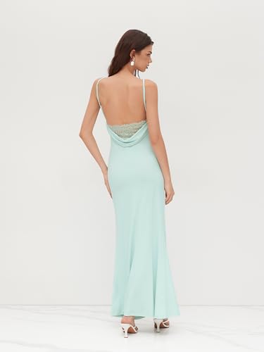 Women Wedding Guest Maxi Dresses Cowl Neck Backless Ruched Long Formal Dress Spaghetti Straps Evening Gown