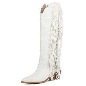 Cowgirl Fringe Boots For Women White Tassels Cowboy Boots Knee High Pointed Toe Western Boots