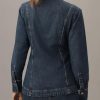 Women's Denim Shirt Long Sleeve Button Down Collarless V-Neck Slim Fit Jean Jacket Denim Top