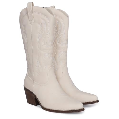 Womens Cowboy Boots Embroidered Western Cowgirl Mid Calf Boots with Block Chunky Heel Comfortable Retro Pull On Pointed Toe Wide