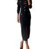Womens Lapel Long Sleeve Maxi Denim Dress Slim Bodycon Slit 1/2 Button Shirt Dresses