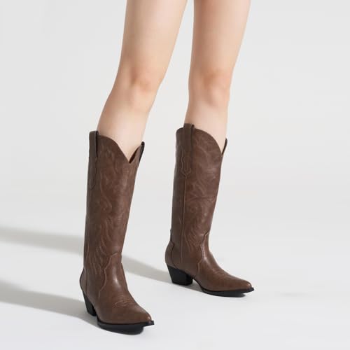 Cowboy Boots for Women Cowgirl Boots Embroidered Knee-High Western Boots Pointy Toe with Chunky Heel