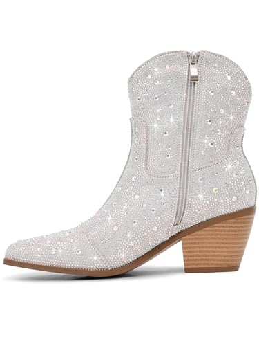 Cowgirl Ankle Boots Cowboy Boots for Women Western Booties Rhinestone Chunky Heel Fashion Comfortable Side Zipper