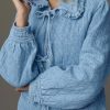 Womens Denim Jacket Casual Long Sleeve Peter Pan Collar Denim Shirts Tie Front Shacket Loose Fit Top