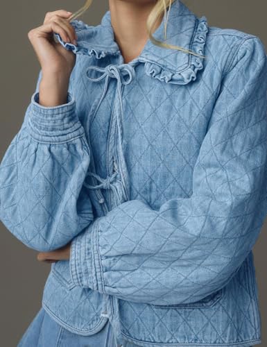 Womens Denim Jacket Casual Long Sleeve Peter Pan Collar Denim Shirts Tie Front Shacket Loose Fit Top