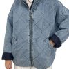 Women's Oversized Long Sleeve Denim Jacket Casual Loose Fit Zip Up Jean Quilted Jackets Coat with Pockets