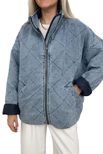 Women's Oversized Long Sleeve Denim Jacket Casual Loose Fit Zip Up Jean Quilted Jackets Coat with Pockets