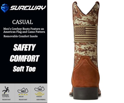 Cowboy Boots For Men - Mens Square Toe Western Boot With Flag,Oil/Slip Resistant,Durable Fashionable Classic Pull on 10 Inch